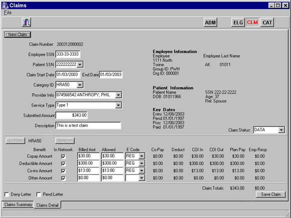 The Claims detail tab shows all information pertaining to the selected claim.  The [Prev] and [Next] buttons allow the user to view all plans/options that could potentially pay the claim.