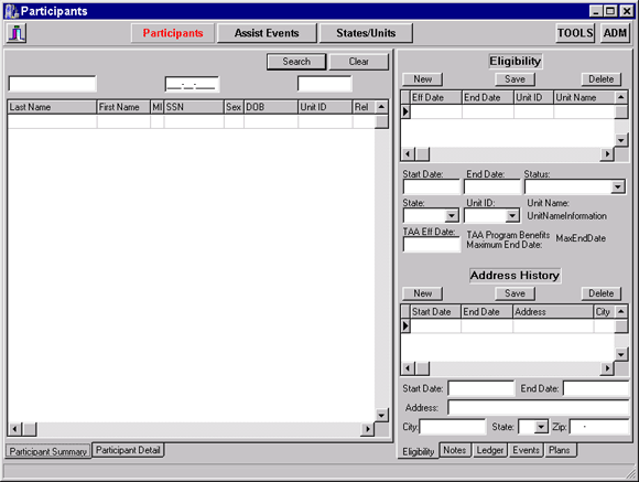 This is the main screen.  An operator may search for a participant by SSN, Last Name or their associated Unit ID.  The search results are displayed in the left panel and the selected participant's address history, unithistory and other information is displayed in right panel.