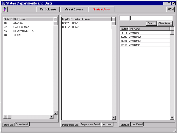 Each participant is associated with a unit, which is associated with a department which is associated with a state.  This screen allows the operator to browse through all of these.